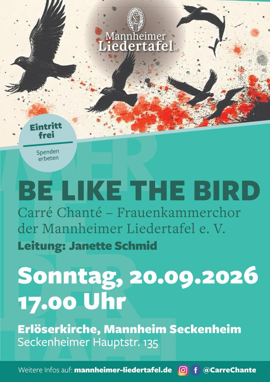 Konzertankündigung "Be like the Bird" des Frauenkammerchors der Mannheimer Liedertafel